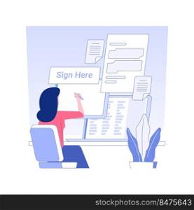 E-documents isolated concept vector illustration. Businessman signs e-document using tablet and stylus, legal company documentation, corporate paperwork, modern technology vector concept.. E-documents isolated concept vector illustration.