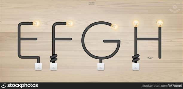 E,F,G,H - Set of loft alphabet letters. Abstract alphabet of light bulb and light switch on wood background. Vector illustration.
