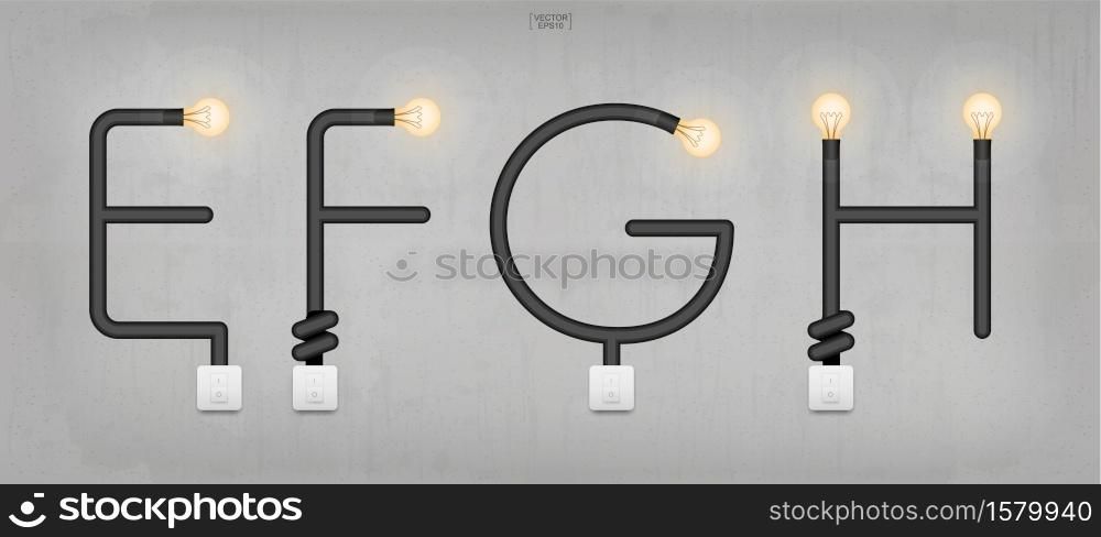 E,F,G,H - Set of loft alphabet letters. Abstract alphabet of light bulb and light switch on concrete wall background. Vector illustration.