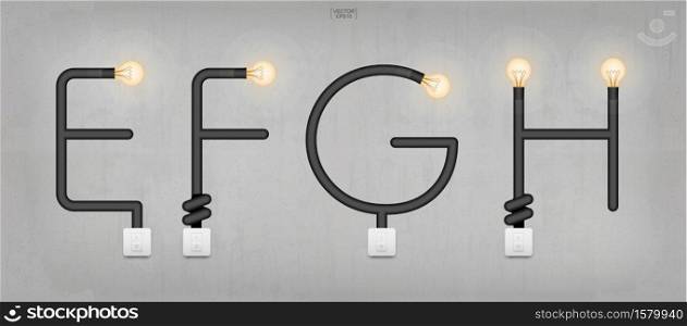 E,F,G,H - Set of loft alphabet letters. Abstract alphabet of light bulb and light switch on concrete wall background. Vector illustration.