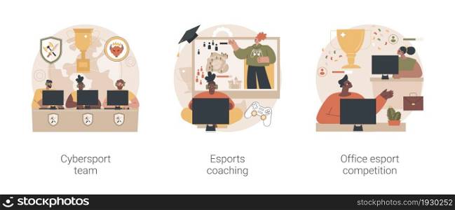 E-games tournament abstract concept vector illustration set. Cybersport team performance, esports coaching, office esport competition, computer club, battle arena, live streaming abstract metaphor.. E-games tournament abstract concept vector illustrations.