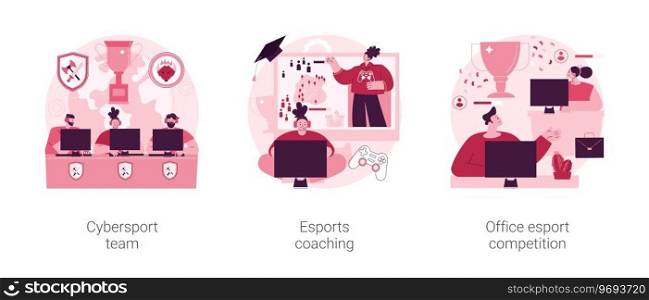 E-games tournament abstract concept vector illustration set. Cybersport team performance, esports coaching, office esport competition, computer club, battle arena, live streaming abstract metaphor.. E-games tournament abstract concept vector illustrations.