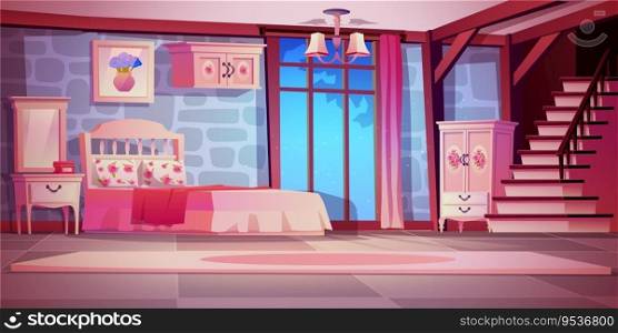 E≤gant bedroom with victorian sty≤white furniture. Vector cartoon illustration of house∫erior with bedroom, mirror tab≤and wardrobe,πcture on wall, wooden staircase, night sky view in window. E≤gant bedroom with victorian sty≤furniture