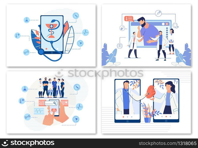 E-Health, Online Doctor Search or Telemedicine. Consultation via Internet. Mobile Application. Virtual Help Medical Diagnosis via Computer. Flat Cartoon Set. Vector Specialist Patients Illustration. E-Health, Online Doctor Search or Telemedicine Set