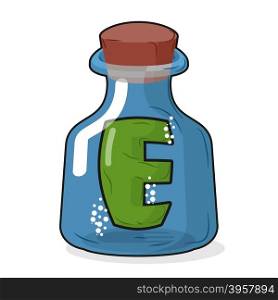 E in magic bottle. Letter in a bottle for laboratory and scientific research. Vector illustration.