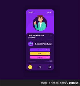 E learning application smartphone interface vector template. Educational mobile app page dark theme design layout. Teacher post screen. Flat UI for application. Remote tutor on phone display