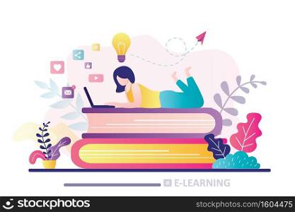 E-learning banner. Online education, home schooling. Girl student working on laptop. Web courses or tutorials. Education, brainstorming concept. Woman lies on stack of books. Flat vector illustration