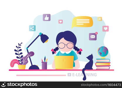 E-learning banner. Online education, home schooling. Modern workplace, girl preschooler student working on laptop. Web courses or tutorials concept. Education and chatting concept. Vector illustration