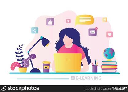 E-learning banner. Online education, home schooling. Modern workplace, Girl student working on laptop. Web courses or tutorials concept. Education concept. Flat Vector illustration