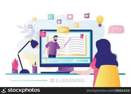 E-learning banner. Online education, home schooling. Modern workplace, man teacher on laptop screen, woman watching online course. Web courses or tutorials concept. Education vlog. Vector illustration