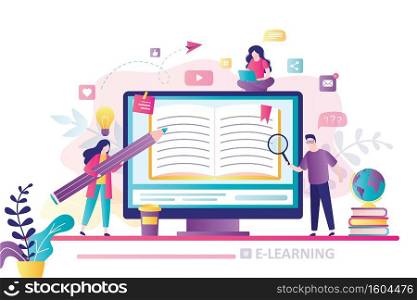E-learning banner. Online education, home schooling. Modern workplace,monitor with open textbook. Various students learning. Web courses, tutorials. Education technology concept. Vector illustration