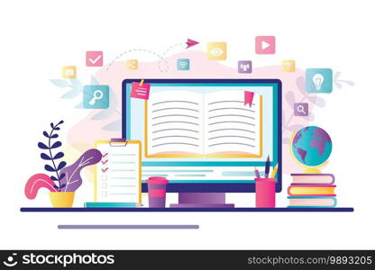 E-learning banner. Online education, home schooling. Modern workplace, open book on laptop screen. Web courses or tutorials concept. Education vlog, internet library. Trendy flat vector illustration