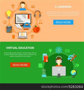 E Learning Banner Set. Two horizontal e learning banner set with virtual education headline and buttons read more vector illustration