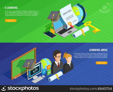 E-learning Banners Set . E-learning isometric horizontal banners set with learning areas symbols isolated vector illustration