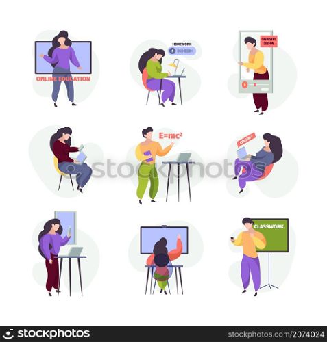 E learning characters. Online education services teachers lessons and tutorials for students on laptop tablet pc and smartphones vector. Education training computer, course distance illustration. E learning characters. Online education services teachers making lessons and tutorials for students on laptop tablet pc and smartphones garish vector pictures