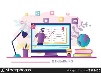 E-learning concept banner. Online education. Modern workplace, man teacher on laptop screen. Web courses or tutorials, software for learning. Education vlog. Trendy flat vector illustration