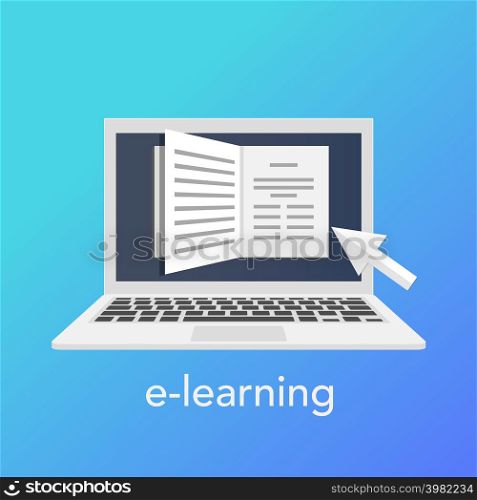 E-learning concept for online school. Vector laptop on the blue background. Vector illustration. E-learning concept for online school. Vector laptop on the blue background