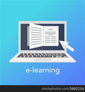 E-learning concept for online school. Vector laptop on the blue background. Vector illustration. E-learning concept for online school. Vector laptop on the blue background
