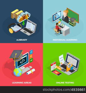 E-learning Concept Icons Set . E-learning concept isometric icons set with individual learning symbols isolated vector illustration
