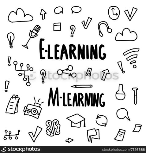 E-learning concept. Online education. Quote and school symbols in doodle style. Vector black and white illustration.