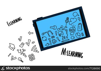 E-learning concept. Online education. Quote and school symbols in doodle style. Vector color illustration.