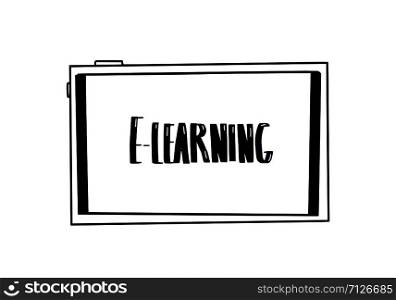 E-learning concept. Online education. Quote and screen school symbols in doodle style. Vector illustration.