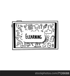 E-learning concept. Online education. Quote sticker and school symbols in doodle style. Vector illustration.