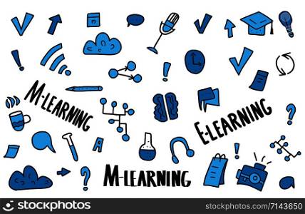 E-learning concept. Online education. Quotes and school symbols in doodle style. Vector color illustration.