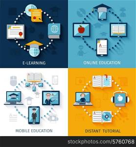 E-learning design concept set with online mobile eduation distant tutorial flat icons isolated vector illustration