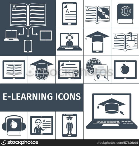 E-learning digital education decorative icon black set isolated vector illustration