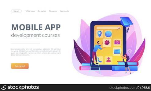 E- learning. Education process. Training application. Mobile app development courses, mobile apps online courses, become a mobile developer concept. Website homepage landing web page template.. Mobile app development courses concept landing page