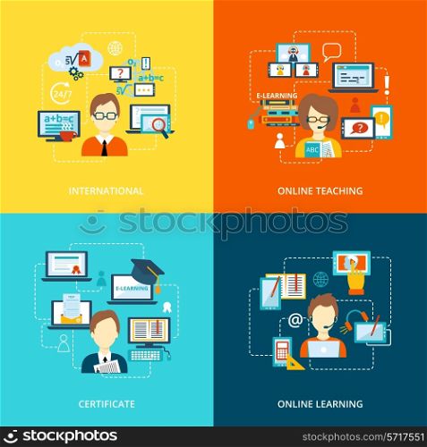 E-learning flat icons set with international online teaching certificate learning vector illustration