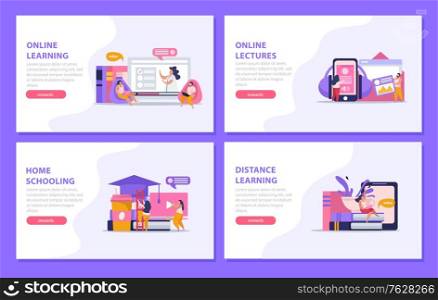 E-learning home schooling flat 4x1 set of horizontal banners with editable text and clickable buttons vector illustration