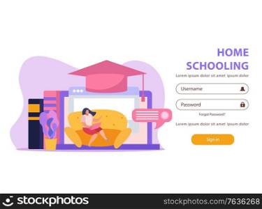 E-learning home schooling flat background web site authorization page with composition of remote education images vector illustration