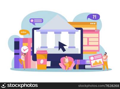 E-learning home schooling flat composition with small human characters thought bubbles and books with windows vector illustration