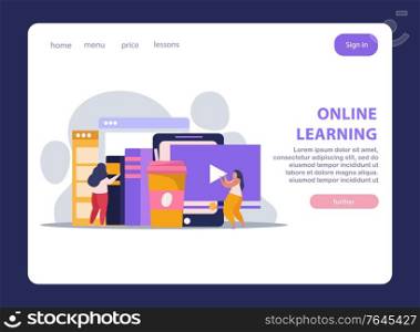 E-learning home schooling flat landing page with books and windows clickable links text and buttons vector illustration