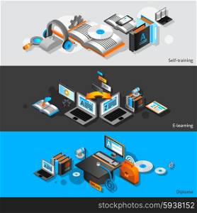 E-learning horizontal banners set with self training and diploma isometric elements isolated vector illustration. E-learning Isometric Banners