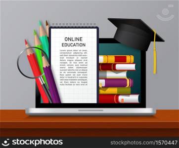 E-learning in university, online education in school on laptop screen. Ebook for knowledge, pencils, cap, magnifier on computer monitor. Training course in internet. Distance learning concept. vector. E-learning in university, online education in school on laptop screen. Ebook for knowledge, pencils, cap, magnifier on computer monitor. Training course in internet. Distance learning concept. vector.
