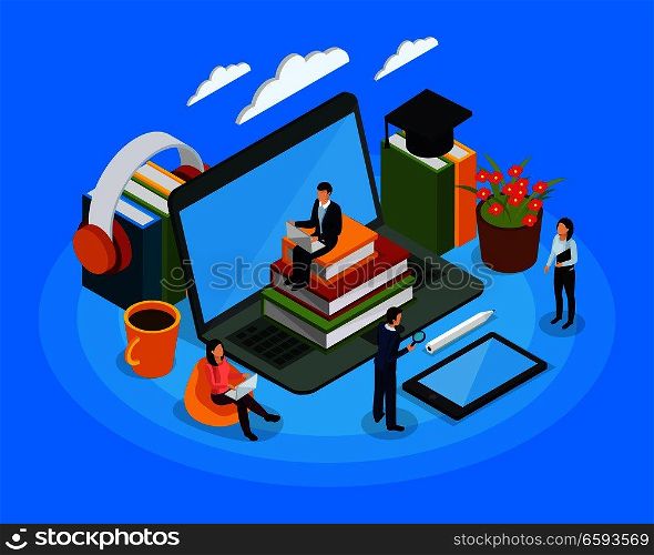 E-learning isometric composition with audio books, human characters with mobile devices on blue background vector illustration. E-learning Characters Isometric Composition