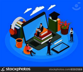E-learning isometric composition with audio books, human characters with mobile devices on blue background vector illustration. E-learning Characters Isometric Composition