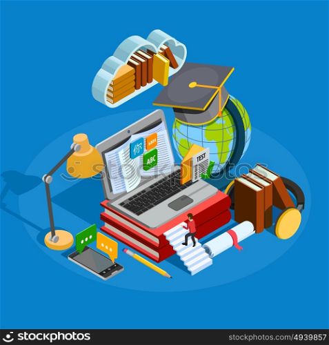 E-learning Isometric Concept . E-learning isometric concept with education symbols on blue background isometric vector illustration
