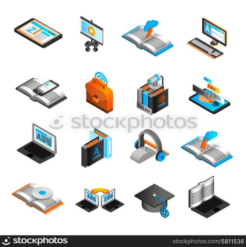 E-learning Isometric Icons Set . E-learning isometric icons set with laptop CD and webcam isolated vector illustration