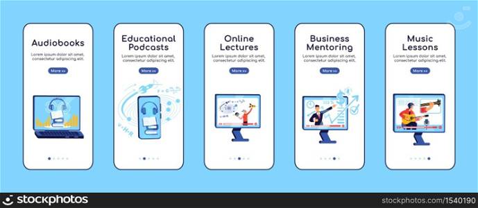 E learning onboarding mobile app screen flat vector template. Educational podcast. Walkthrough website steps with characters. UX, UI, GUI smartphone cartoon interface, case prints set. E learning onboarding mobile app screen flat vector template