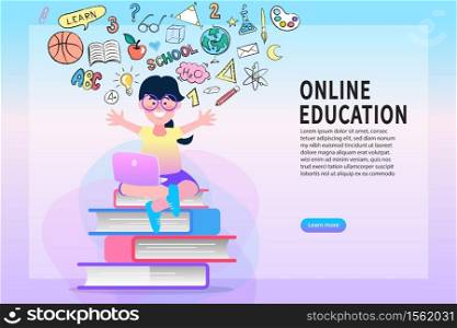 E-learning, online education or home schooling. Laptop computer with courses or tutorials. Flat Vector illustration.