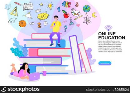 E-learning, online education or home schooling. Mobile phone and computer with courses or tutorials. Flat Vector illustration.