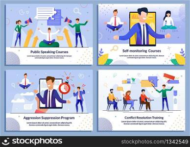 E-Learning, Online Education, Video Tutorials, Internet Coaching. Banner Set. Self-Monitoring, Aggression Suppression, Conflict Resolution, Public Speaking Program. Vector Businesspeople Illustration. E-Learning Online Education for Businesspeople Set