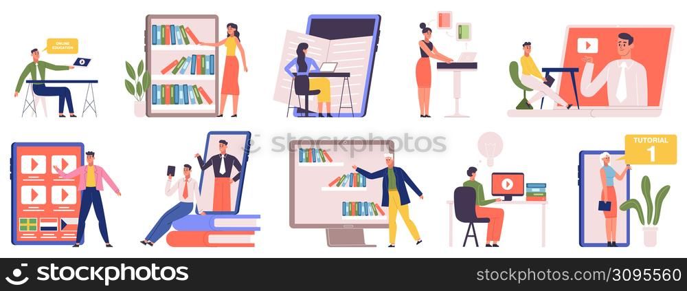 E-learning, online study, webinar, e-library and mobile courses. Home education and online training concept vector illustration set. Remote university education. Webinar online study and training. E-learning, online study, webinar, e-library and mobile courses. Home education and online training concept vector illustration set. Remote university education