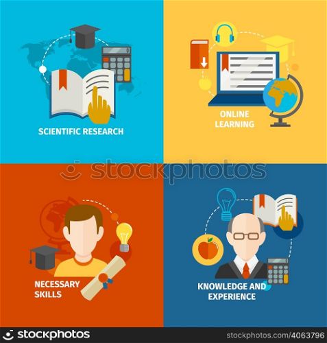 E-learning scientific research knowledge and experience flat icons set isolated vector illustration