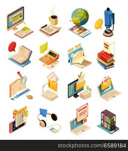 E-learning set of isometric icons with laptop, tutorials, diploma, test, audio books, calculator isolated vector illustration . E-learning Isometric Icons Set