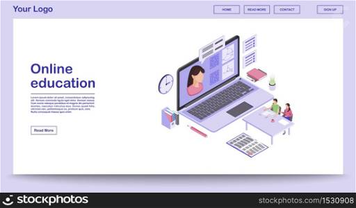 E learning webpage vector template with isometric illustration. Digital education. Online school, classes, lesson. Remote studying. Math webinar. Website interface layout. Webpage design 3d concept. E learning webpage vector template with isometric illustration